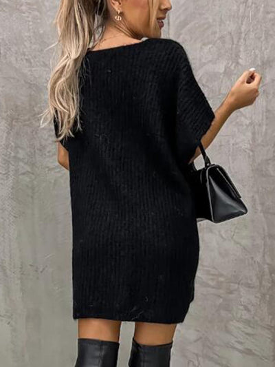 Knit Tunic - Women's Short Sleeve Knitted Mini Dress-Grace Aura