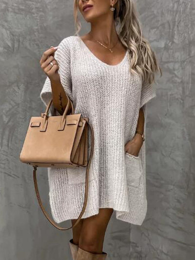 Knit Tunic - Women's Short Sleeve Knitted Mini Dress-Grace Aura