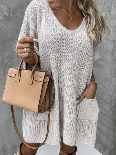 Knit Tunic - Women's Short Sleeve Knitted Mini Dress-Grace Aura