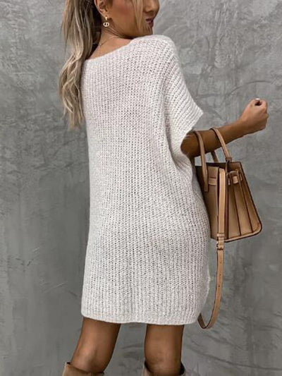 Knit Tunic - Women's Short Sleeve Knitted Mini Dress-Grace Aura