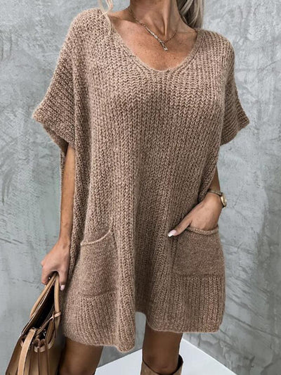 Knit Tunic - Women's Short Sleeve Knitted Mini Dress-Grace Aura