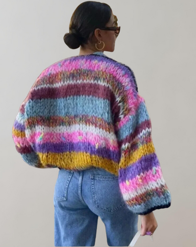 Knitted Cardigan | Colorful | Striped | Chunky Cardigan | Women's Knitwear-Grace Aura