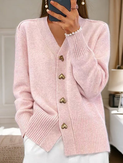 Knitted Cardigan | Heart Button | V-Neck | Button-Up Cardigan | Women's Knitwear-Grace Aura