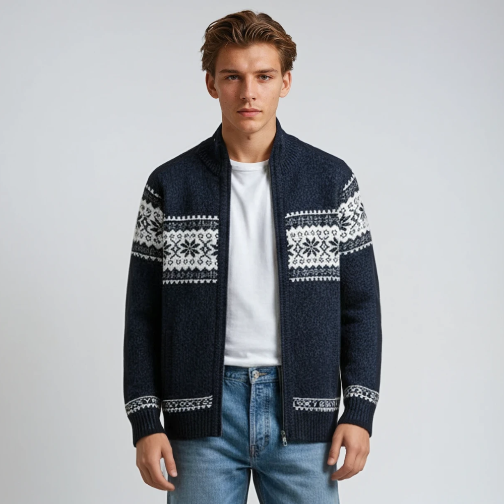 Knitted Cardigan | Winter | Snowflake | Zip-Up Cardigan | Men's Knitwear-Grace Aura
