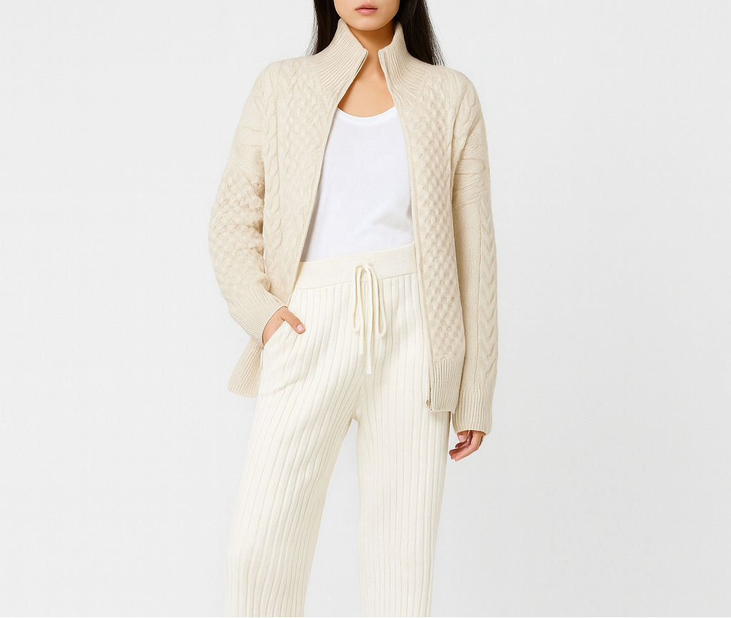 Knitted Cardigan - Women's Cream Oversized Zip-Up Cardigan-Grace Aura