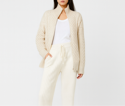Knitted Cardigan - Women's Cream Oversized Zip-Up Cardigan-Grace Aura