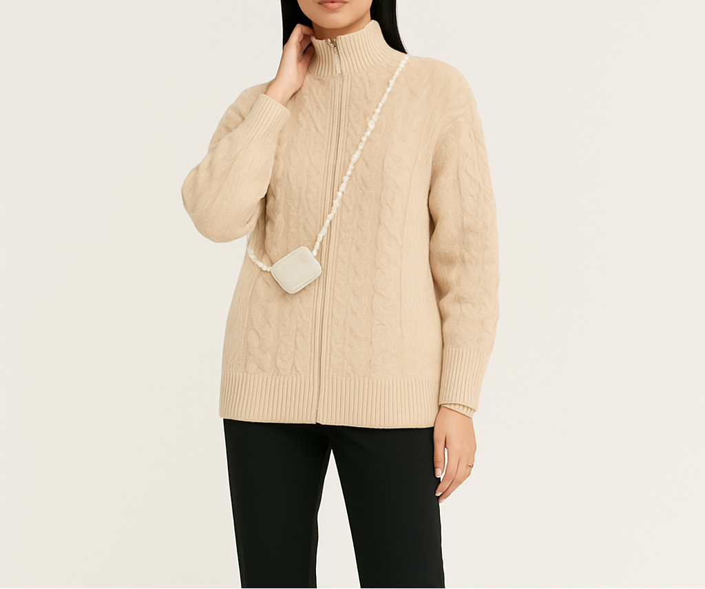 Knitted Cardigan - Women's Cream Oversized Zip-Up Cardigan-Grace Aura