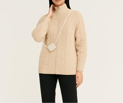 Knitted Cardigan - Women's Cream Oversized Zip-Up Cardigan-Grace Aura