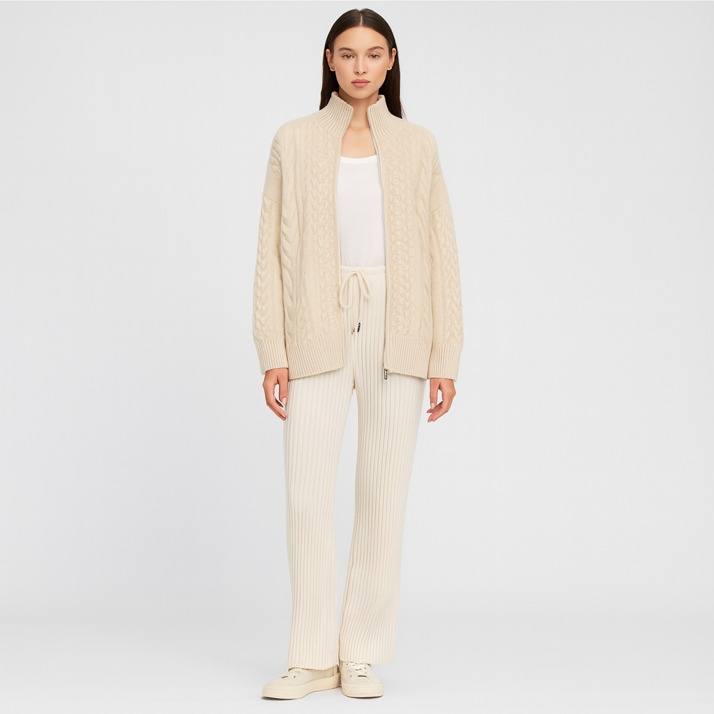 Knitted Cardigan - Women's Cream Oversized Zip-Up Cardigan-Grace Aura