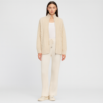 Knitted Cardigan - Women's Cream Oversized Zip-Up Cardigan-Grace Aura