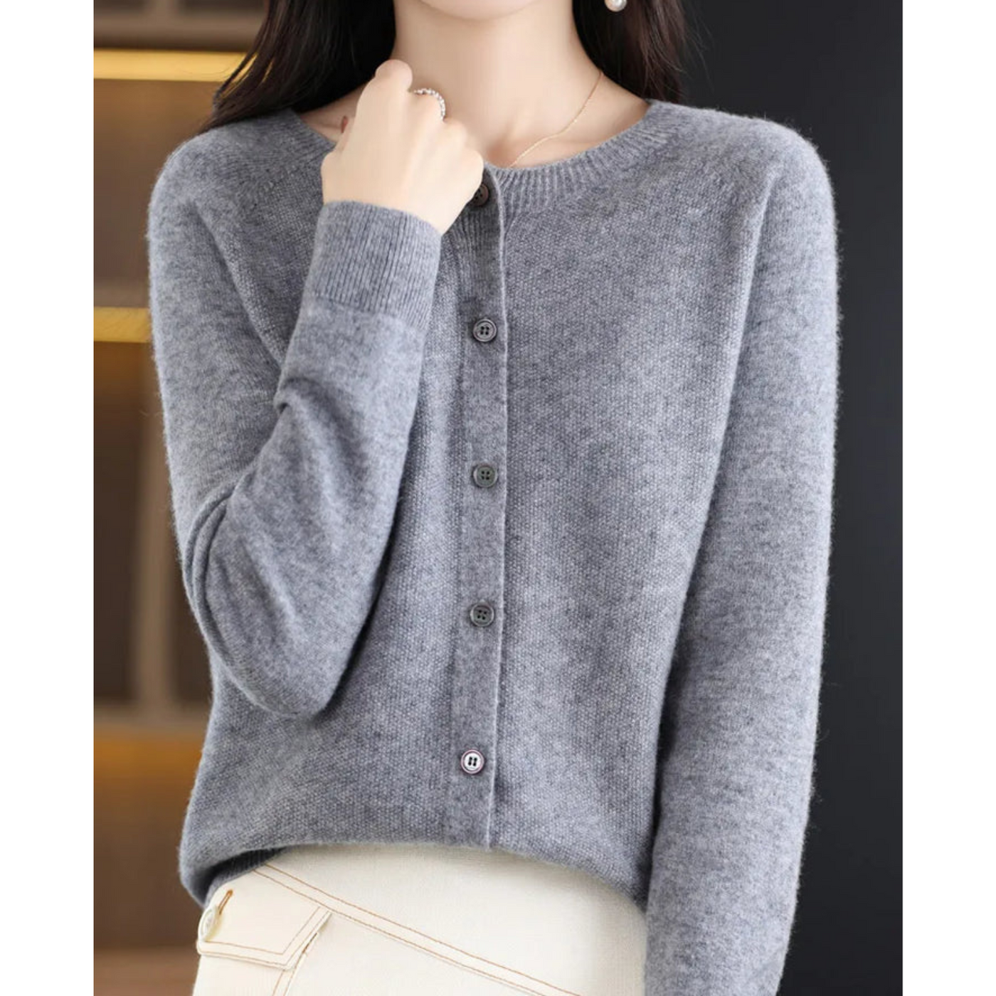 Knitted Cardigan - Women's Woolen Button-Up Cardigan for Winter-Grace Aura