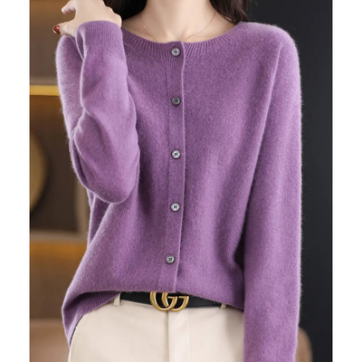 Knitted Cardigan - Women's Woolen Button-Up Cardigan for Winter-Grace Aura