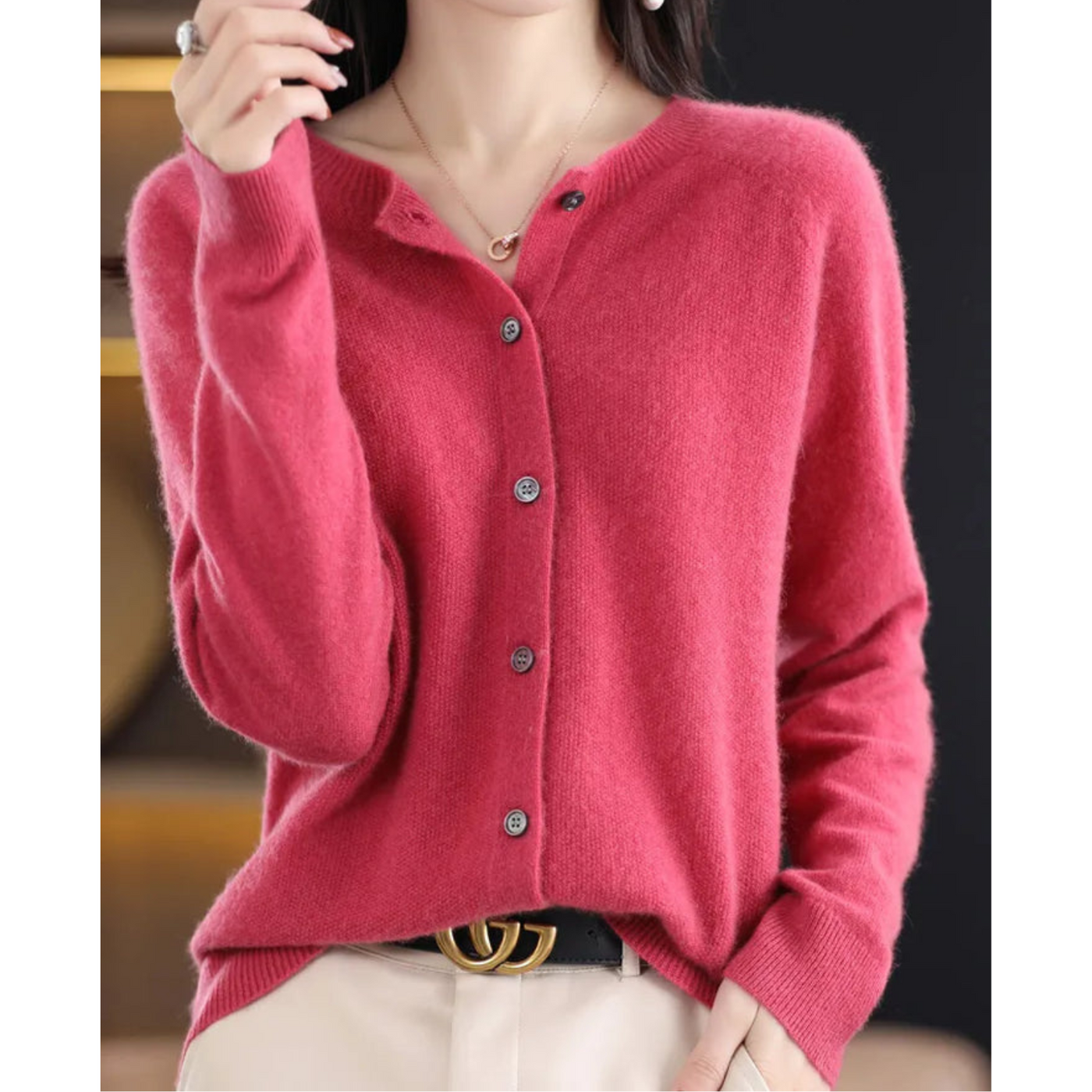 Knitted Cardigan - Women's Woolen Button-Up Cardigan for Winter-Grace Aura