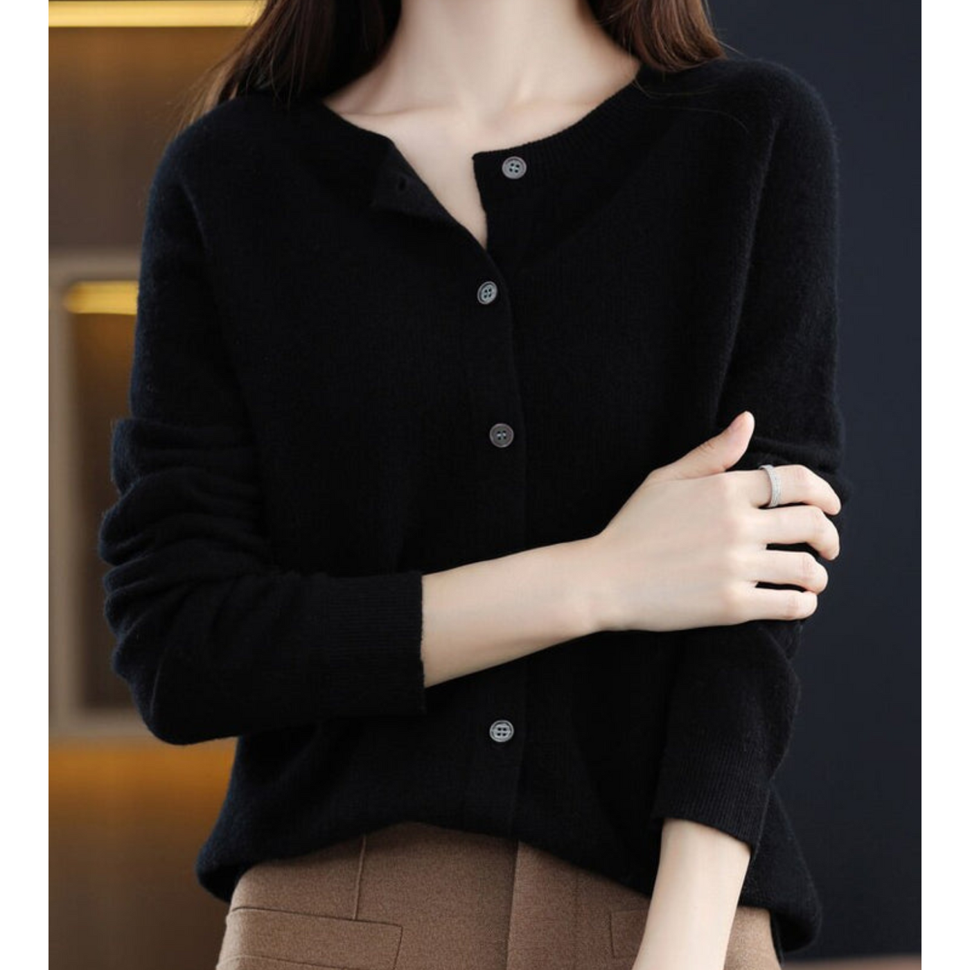 Knitted Cardigan - Women's Woolen Button-Up Cardigan for Winter-Grace Aura