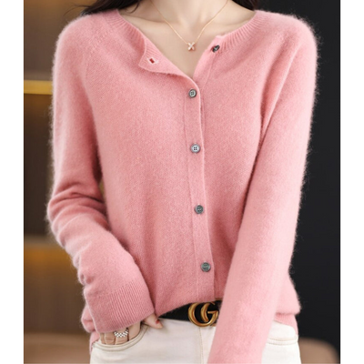Knitted Cardigan - Women's Woolen Button-Up Cardigan for Winter-Grace Aura
