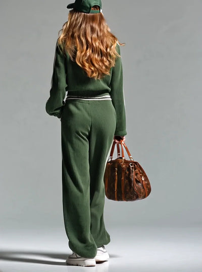 Knitted Co-Ord | Green | Half Zip | Two-Piece Set | Women's Tracksuit-Grace Aura