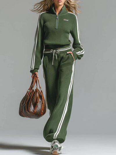 Knitted Co-Ord | Green | Half Zip | Two-Piece Set | Women's Tracksuit-Grace Aura
