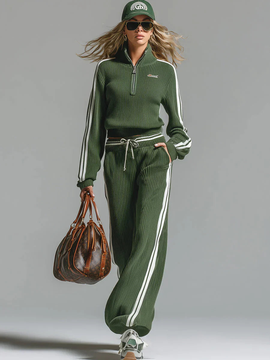 Knitted Co-Ord | Green | Half Zip | Two-Piece Set | Women's Tracksuit-Grace Aura