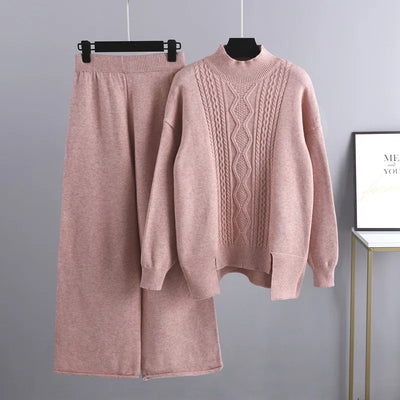 Knitted Co-Ord Set - Oversized - Wide Leg - Knit Two-Piece Set - Women's Loungewear-Grace Aura