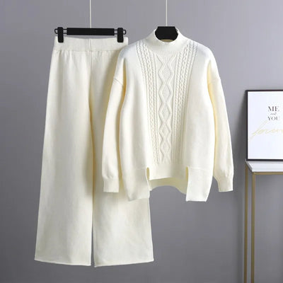 Knitted Co-Ord Set - Oversized - Wide Leg - Knit Two-Piece Set - Women's Loungewear-Grace Aura