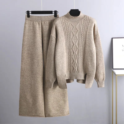 Knitted Co-Ord Set - Oversized - Wide Leg - Knit Two-Piece Set - Women's Loungewear-Grace Aura