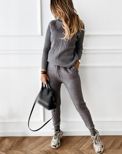 Knitted Co-Ord - Turtleneck - Drawstring - Knit Two-Piece Set - Women's Loungewear-Grace Aura