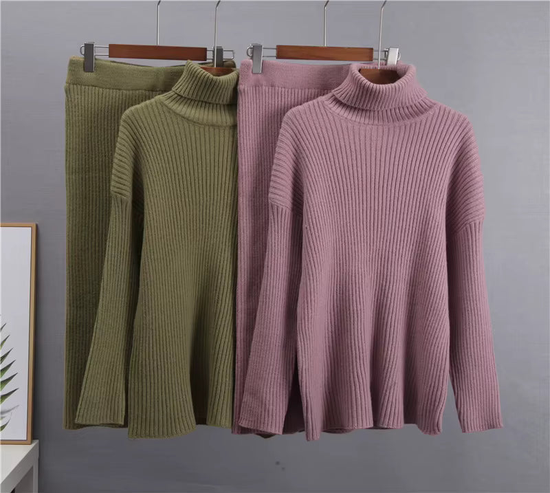 Knitted Co-Ord - Turtleneck - Midi Skirt - Knit Two-Piece Set - Sweater Skirt Set-Grace Aura