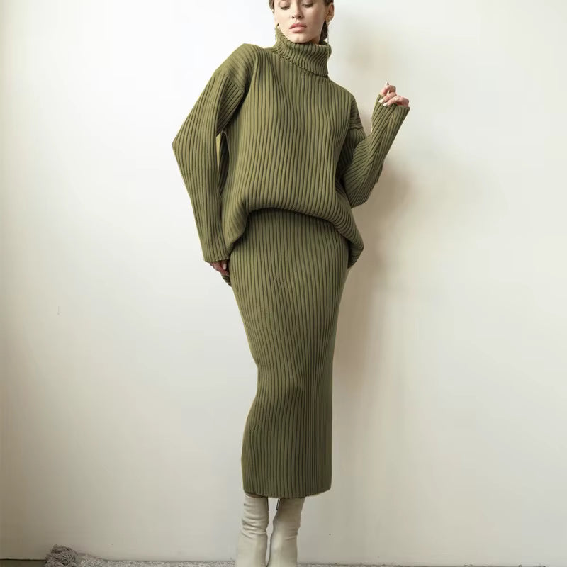 Knitted Co-Ord - Turtleneck - Midi Skirt - Knit Two-Piece Set - Sweater Skirt Set-Grace Aura