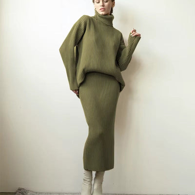 Knitted Co-Ord - Turtleneck - Midi Skirt - Knit Two-Piece Set - Sweater Skirt Set-Grace Aura