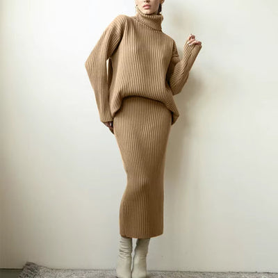 Knitted Co-Ord - Turtleneck - Midi Skirt - Knit Two-Piece Set - Sweater Skirt Set-Grace Aura