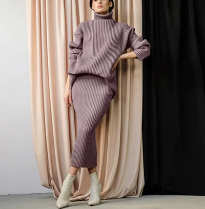 Knitted Co-Ord - Turtleneck - Midi Skirt - Knit Two-Piece Set - Sweater Skirt Set-Grace Aura