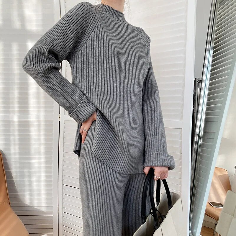 Knitted Co-Ord - Women's Rib Knit Loungewear Two-Piece Set-Grace Aura