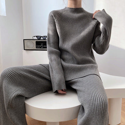 Knitted Co-Ord - Women's Rib Knit Loungewear Two-Piece Set-Grace Aura