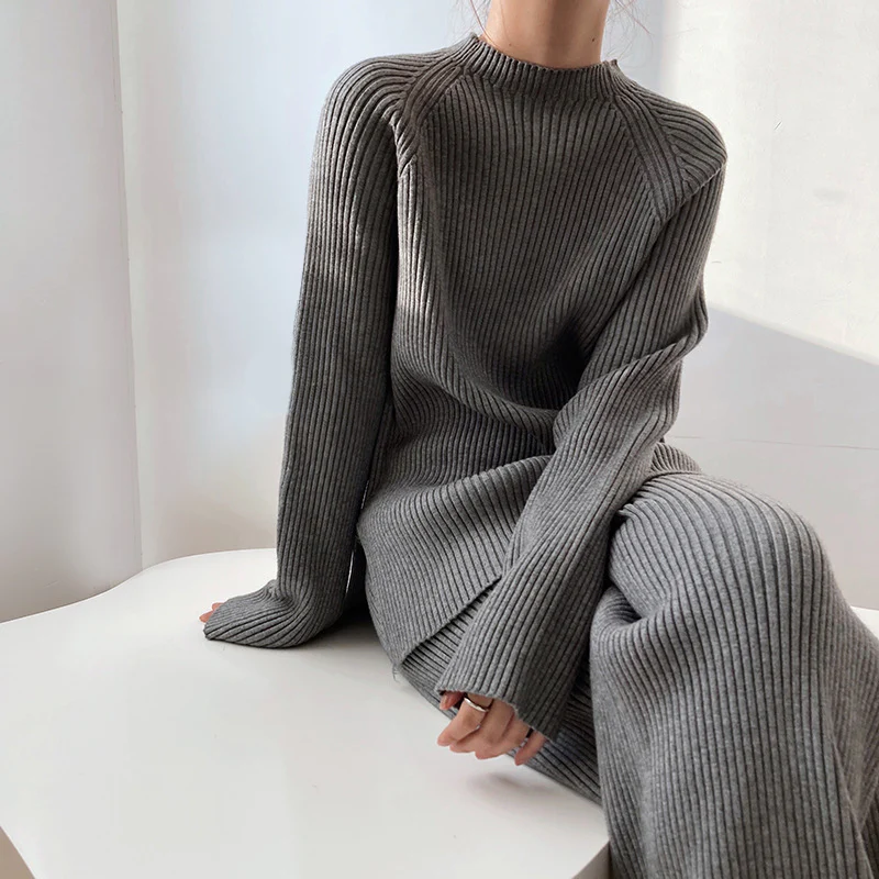 Knitted Co-Ord - Women's Rib Knit Loungewear Two-Piece Set-Grace Aura