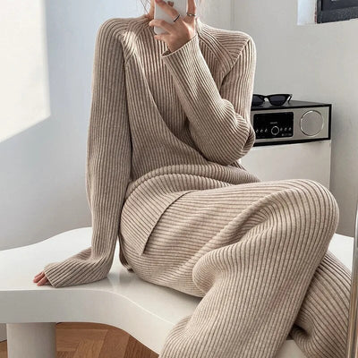 Knitted Co-Ord - Women's Rib Knit Loungewear Two-Piece Set-Grace Aura