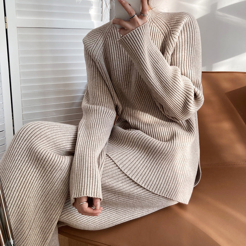 Knitted Co-Ord - Women's Rib Knit Loungewear Two-Piece Set-Grace Aura