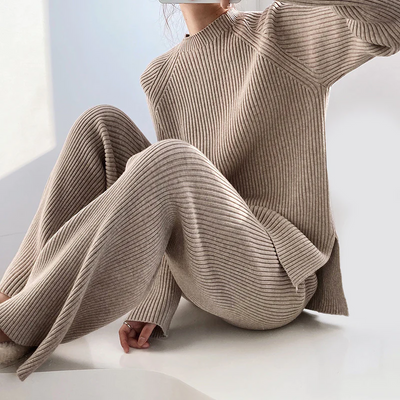 Knitted Co-Ord - Women's Rib Knit Loungewear Two-Piece Set-Grace Aura