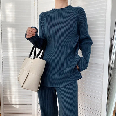 Knitted Co-Ord - Women's Rib Knit Loungewear Two-Piece Set-Grace Aura