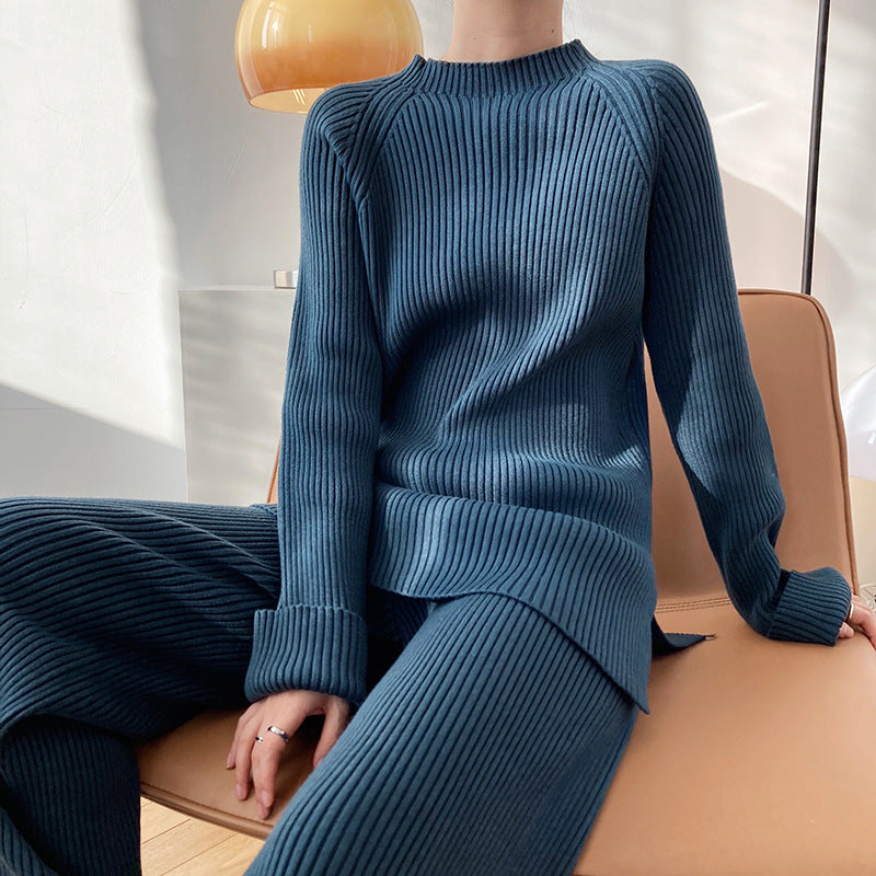 Knitted Co-Ord - Women's Rib Knit Loungewear Two-Piece Set-Grace Aura