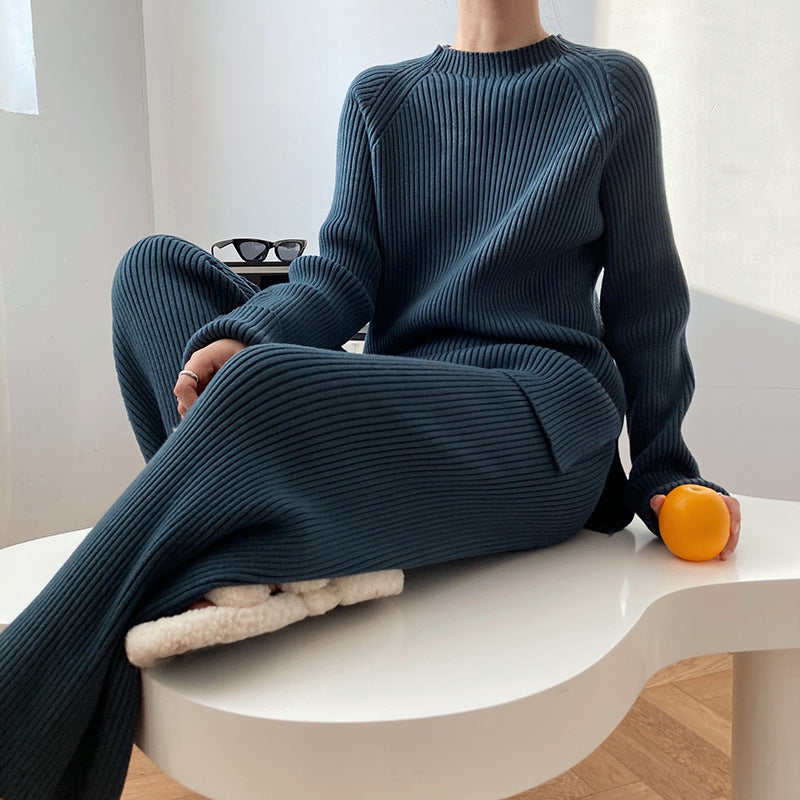 Knitted Co-Ord - Women's Rib Knit Loungewear Two-Piece Set-Grace Aura