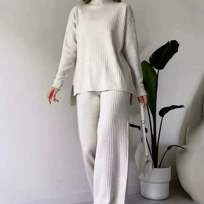 Knitted Co-Ord - Women's Turtleneck Wide Leg Loungewear Set-Grace Aura