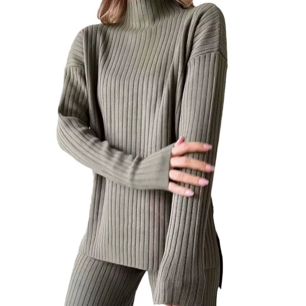 Knitted Co-Ord - Women's Turtleneck Wide Leg Loungewear Set-Grace Aura