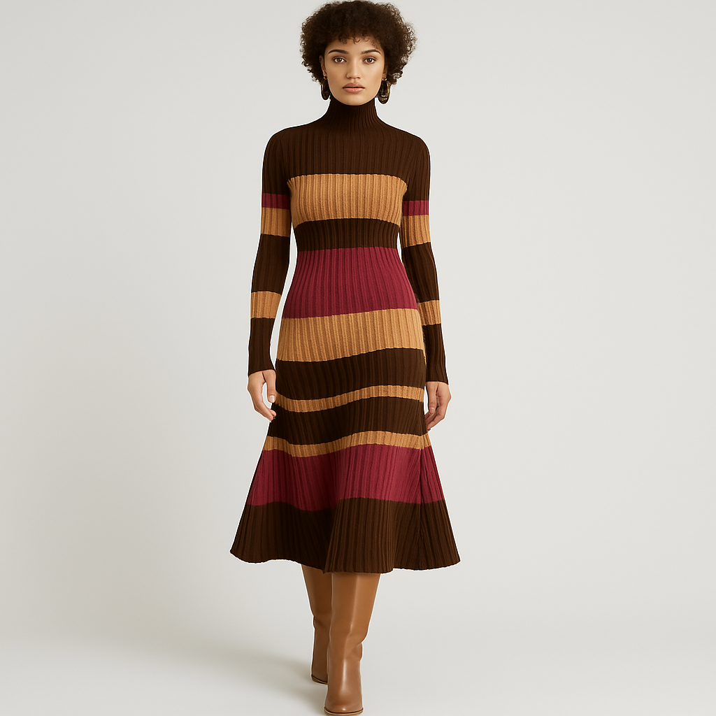 Knitted Dress - Turtleneck - Midi - Sweater Dress - Long Sleeve Dress-Grace Aura
