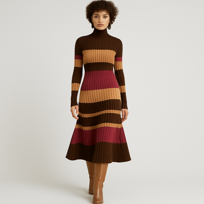 Knitted Dress - Turtleneck - Midi - Sweater Dress - Long Sleeve Dress-Grace Aura