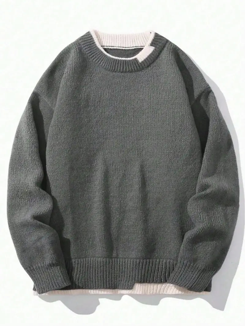 Knitted Jumper - Men's Casual Plain Crew Neck Pullover Sweater-Grace Aura