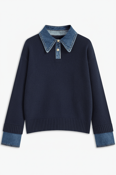 Knitted Jumper - Women's Relaxed Fit Collared Knit Pullover Sweater-Grace Aura