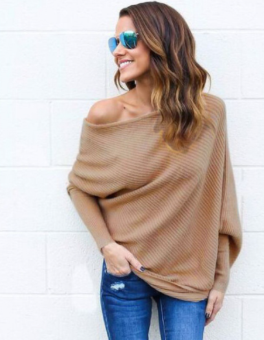 Knitted Sweater | Bat Sleeve | Loose Fit | Off-Shoulder Sweater | Women's Clothing-Grace Aura