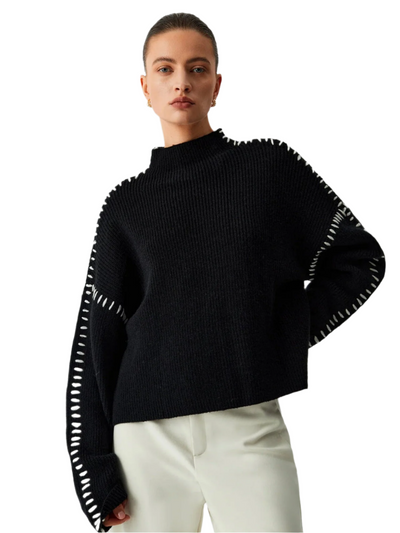 Knitted Sweater - Black - High Neck - Oversized Jumper - Women's Knitwear-Grace Aura