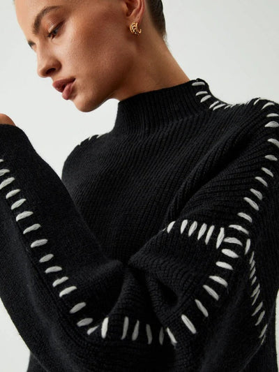 Knitted Sweater - Black - High Neck - Oversized Jumper - Women's Knitwear-Grace Aura