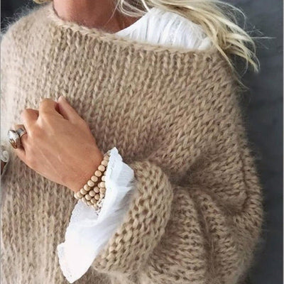 Knitted Sweater - Boat Neck - Chunky - Oversized Jumper - Women's Knitwear-Grace Aura